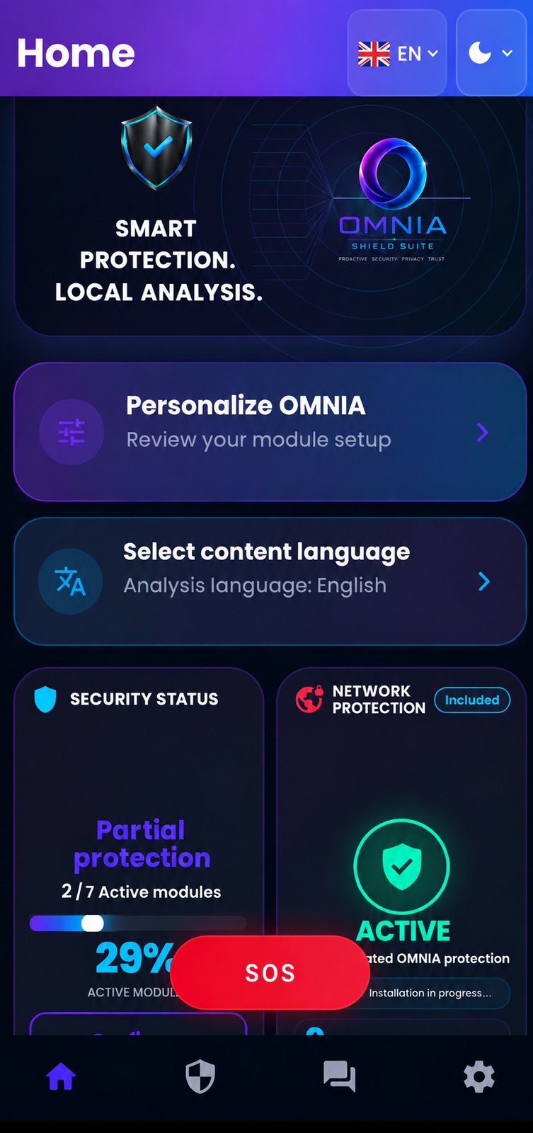 OMNIA SHIELD SUITE Home dashboard